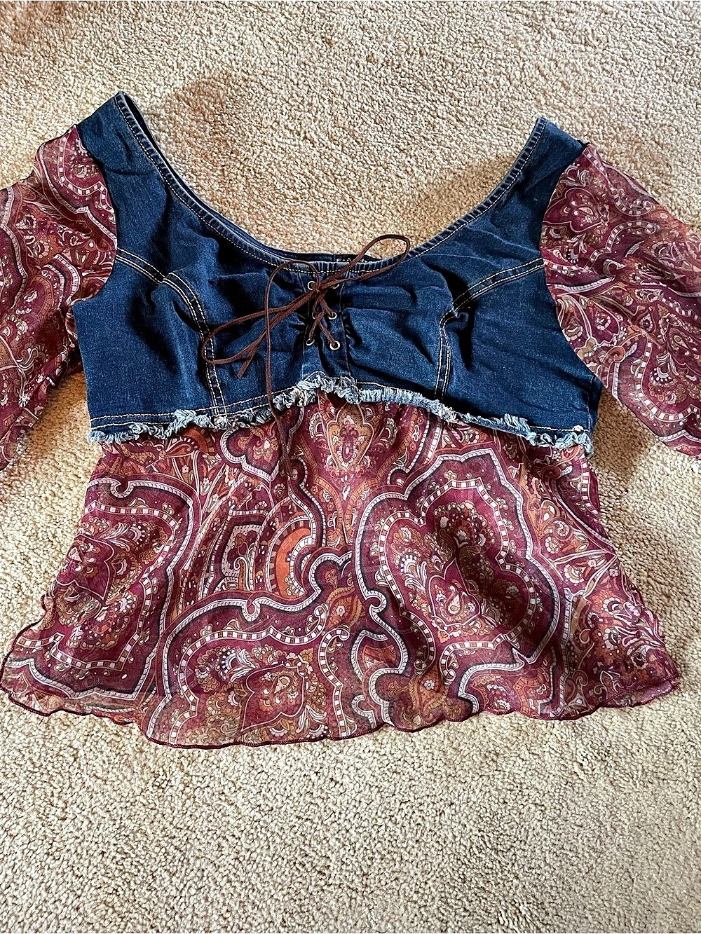 Y2K FANG Paisley Denim Fairy Core Bell Sleeve Blouse in Red & Blue Whimsy Size L